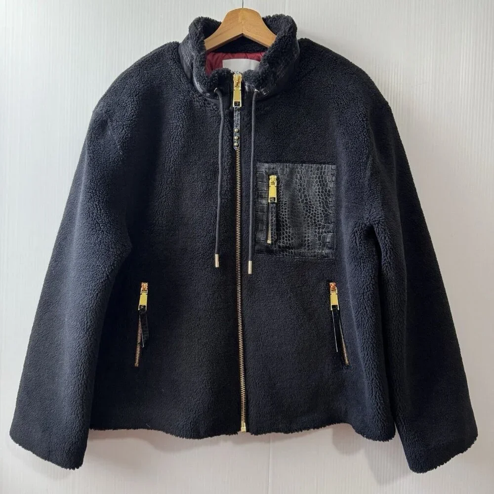 NEW Rebecca Minkoff Women’s Faux Shearling Zip Front Bomber Jacket Sz L Black - Picture 1 of 16